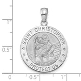 Round Saint Christopher Protect Us Words Charm Pendant in Real 14k White Gold