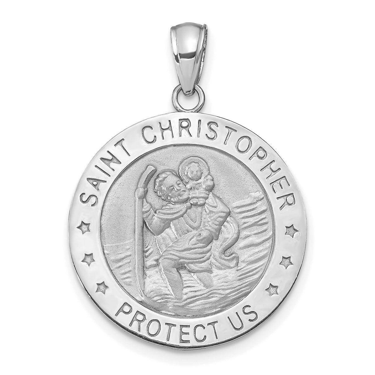 Round Saint Christopher Protect Us Words Charm Pendant in Real 14k White Gold