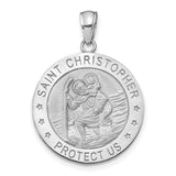 Round Saint Christopher Protect Us Words Charm Pendant in Real 14k White Gold