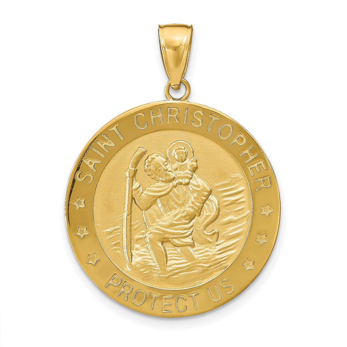 Solid Saint Christopher Protect Us Words with Three Stars Round Medal Charm Pendant in Real 14k Yellow Gold