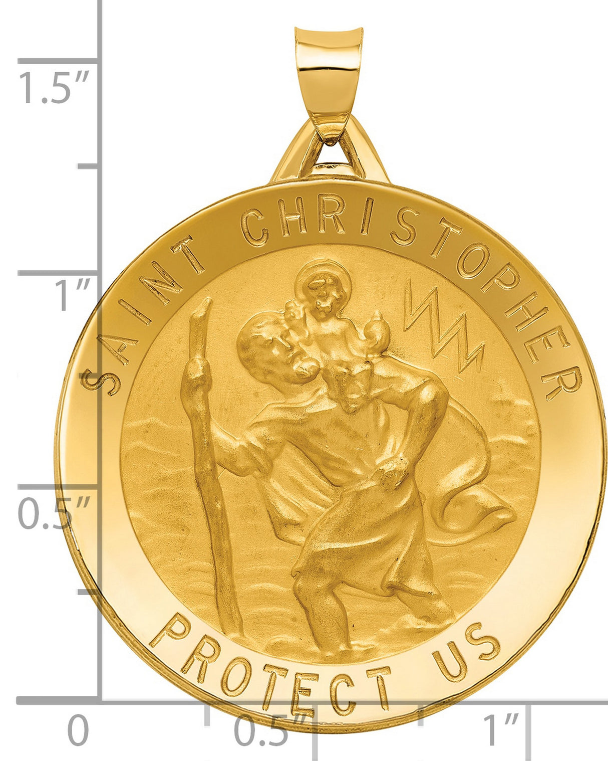 Solid Saint Christopher Protect Us Words Round Medal Charm Pendant in Real 14k Yellow Gold