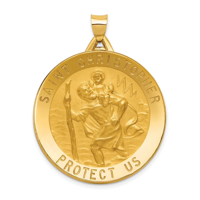 Solid Saint Christopher Protect Us Words Round Medal Charm Pendant in Real 14k Yellow Gold