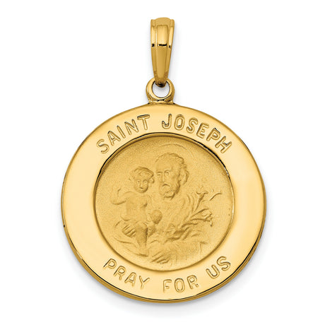 Saint Joseph Pray For Us Words Solid Round Penny Size Medal Charm Pendant in Real 14k Yellow Gold