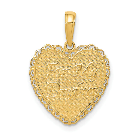 14k Yellow Gold Heart Pendant with Filigree Border and For My Daughter Engraving