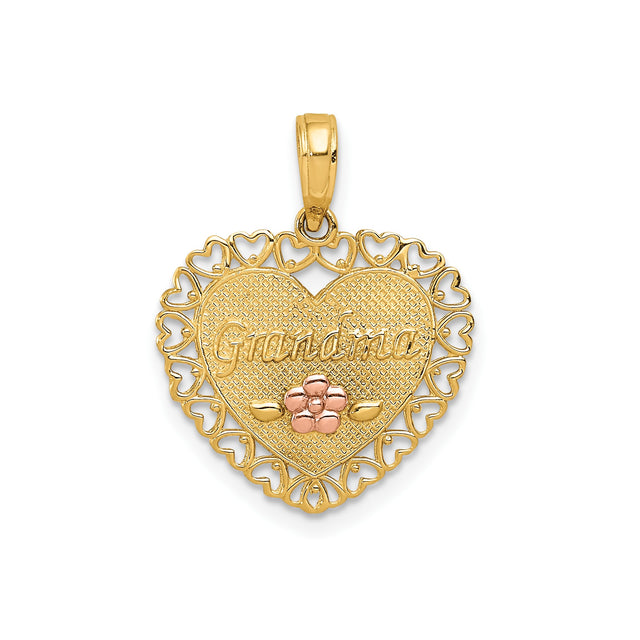 14k Two-Tone Gold Heart Pendant with Grandma Script and Rose Gold Floral Detail