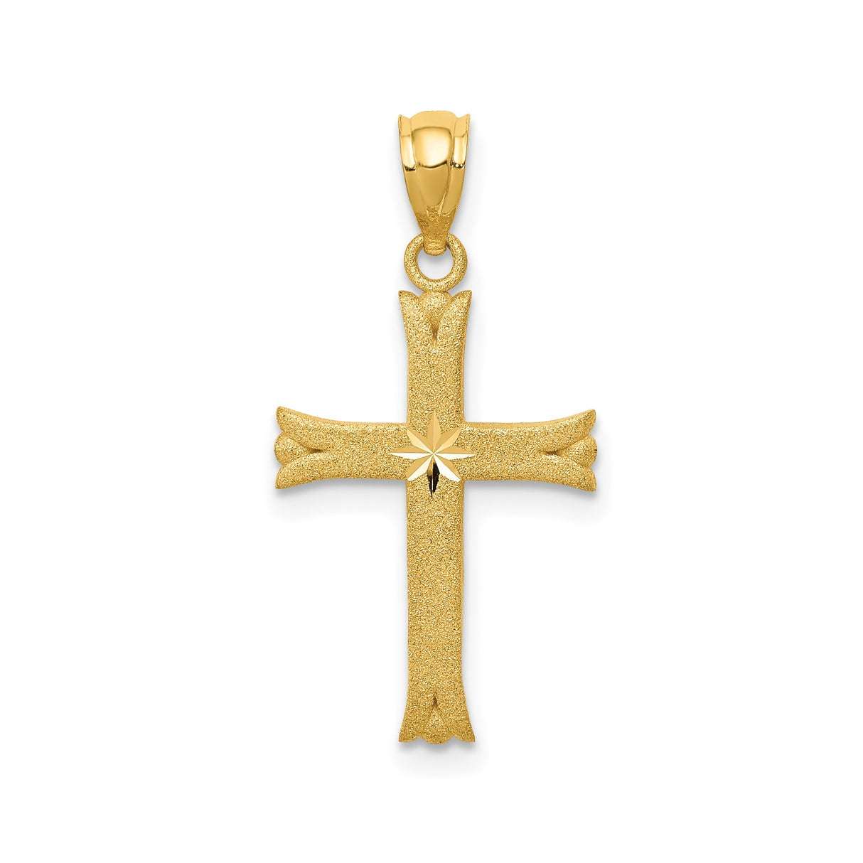 14k Yellow Gold Fleur De Lis Cross Pendant with Diamond Cut and Polished Starburst Design