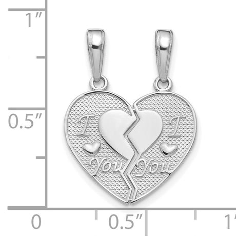 I LOVE YOU Break Apart Heart Charm Pendant in Real 14k White Gold