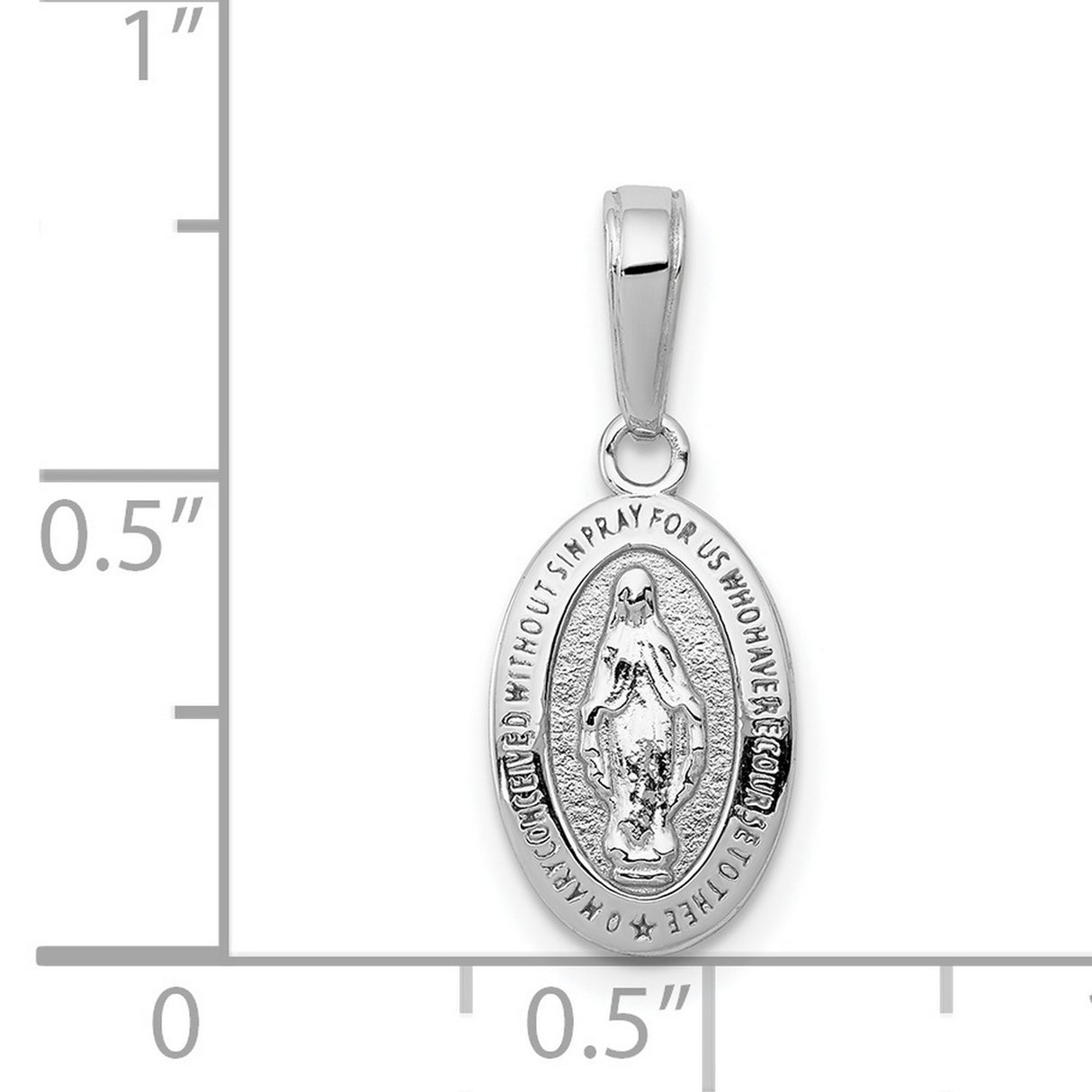 14k White Gold Miraculous Medal Pendant, Virgin Mary Inscription, Catholic Religious Charm for Women