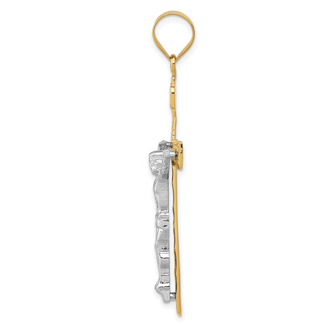 14k Two-Tone Gold Latin Crucifix Pendant with INRI, Textured Christian Cross Charm