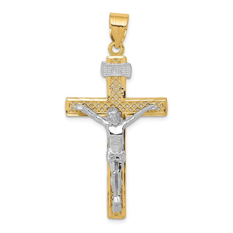 14k Two-Tone Gold Latin Crucifix Pendant with INRI, Textured Christian Cross Charm