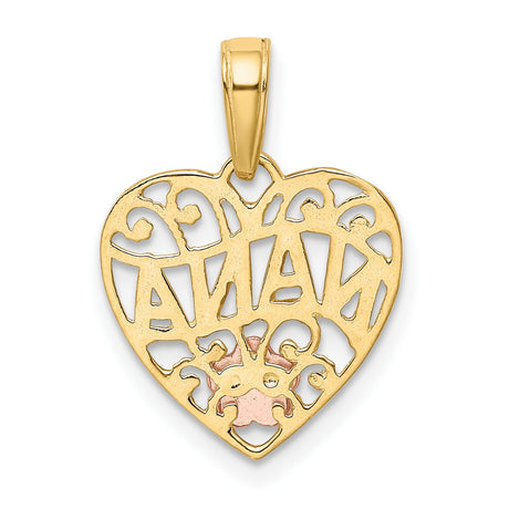 10k Two-Tone Gold Nana Heart Pendant with Rose Gold Flower Accent and Filigree Design