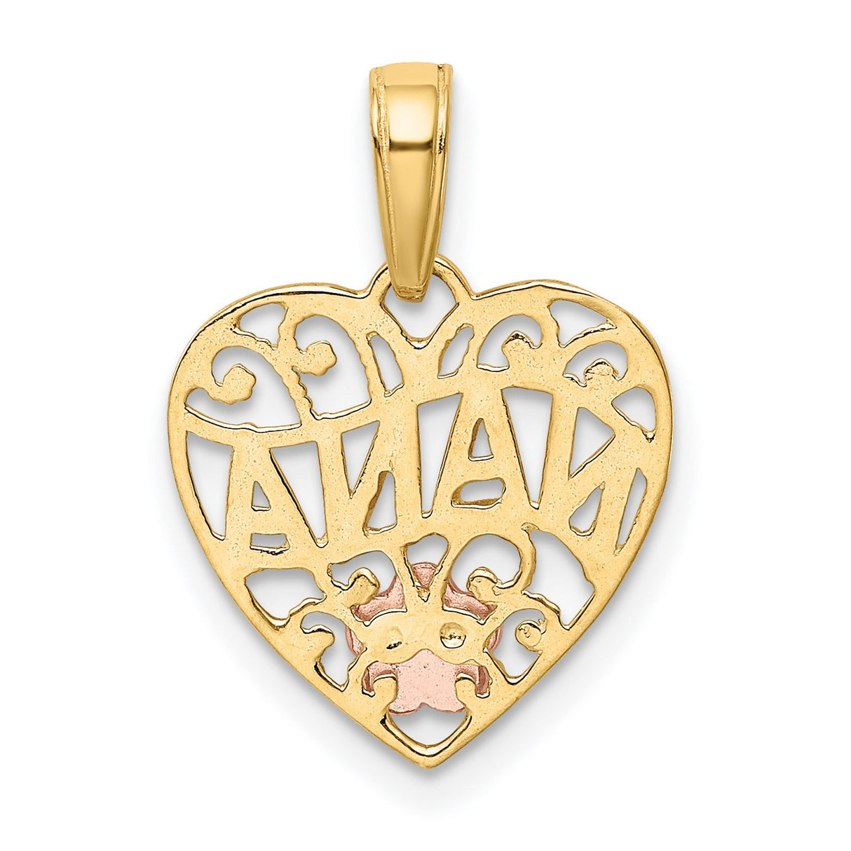 14k Two-Tone Gold Nana Heart Pendant with Rose Gold Flower and Filigree Scrollwork