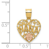 14k Two-Tone Gold Nana Heart Pendant with Rose Gold Flower and Filigree Scrollwork