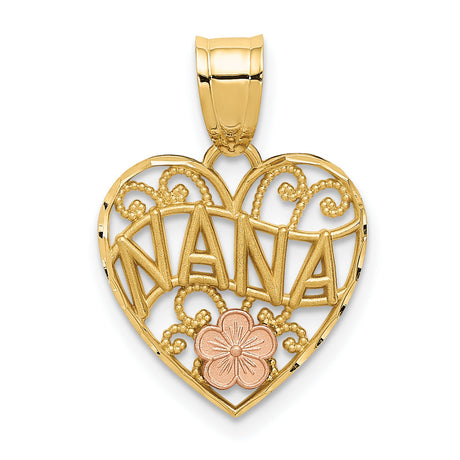 14k Two-Tone Gold Nana Heart Pendant with Rose Gold Flower and Filigree Scrollwork