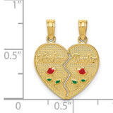 14k Yellow Gold Heart Split Pendant with Mother Daughter Design and Enamel Roses