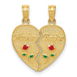 14k Yellow Gold Heart Split Pendant with Mother Daughter Design and Enamel Roses