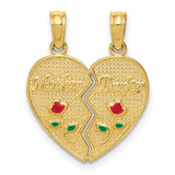 14k Yellow Gold Heart Split Pendant with Mother Daughter Design and Enamel Roses