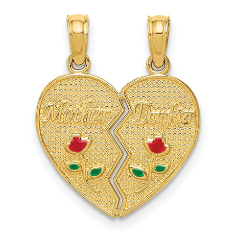 14k Yellow Gold Heart Split Pendant with Mother Daughter Design and Enamel Roses