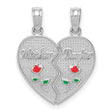 14k White Gold Heart Shaped Split Pendant with Red Rose Engraving, Mother and Daughter Keepsake