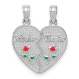 14k White Gold Heart Shaped Split Pendant with Red Rose Engraving, Mother and Daughter Keepsake