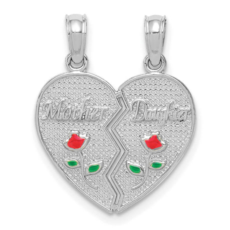 14k White Gold Heart Shaped Split Pendant with Red Rose Engraving, Mother and Daughter Keepsake