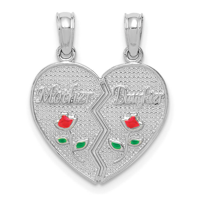 14k White Gold Heart Shaped Split Pendant with Red Rose Engraving, Mother and Daughter Keepsake
