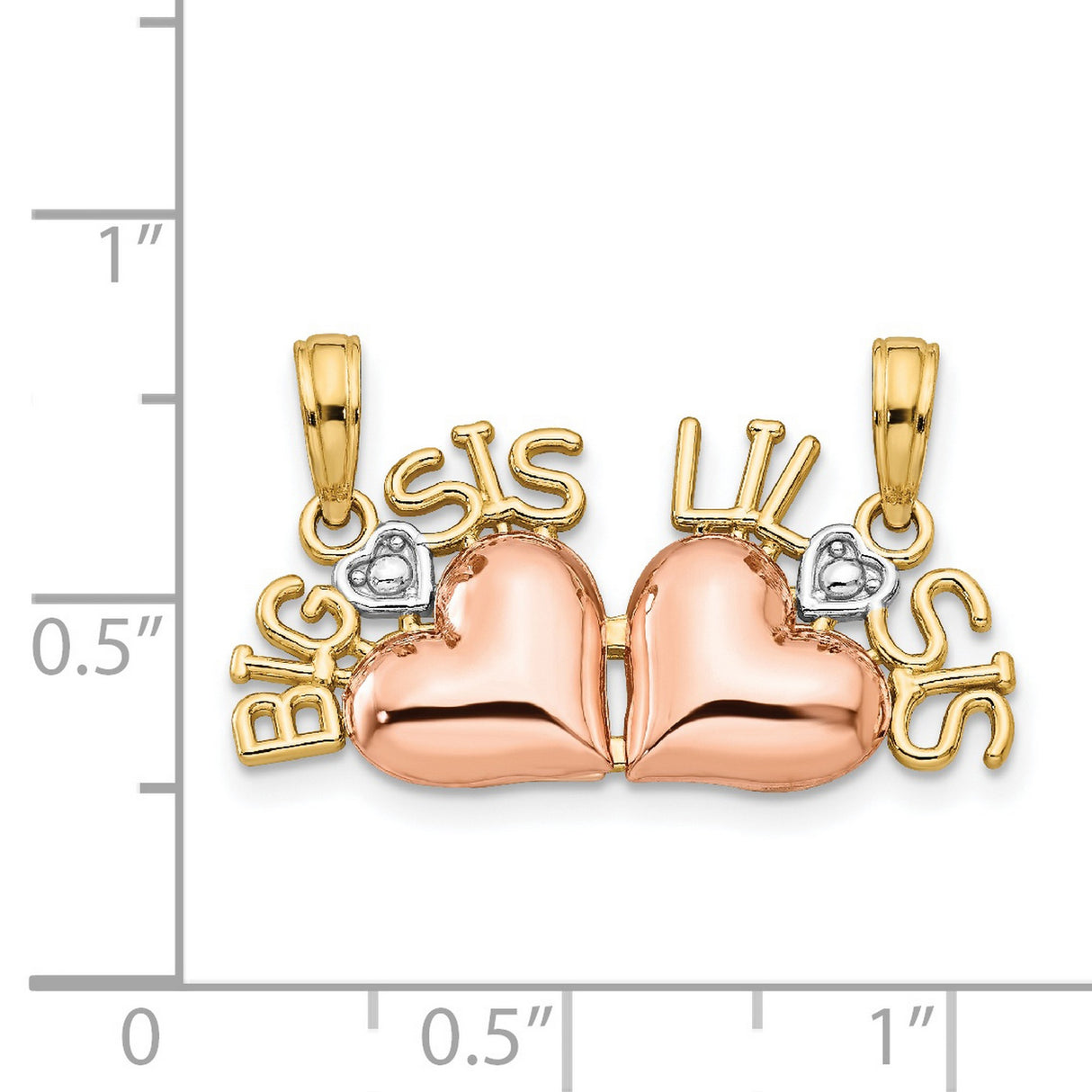 14k Two-Tone Gold Heart Pendant with Big Sis Lil Sis Engraving, Connected Rose and White Gold Hearts