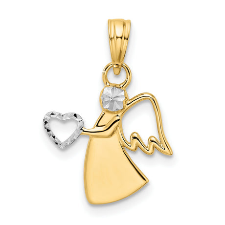 Diamond-Cut Angel Holding Heart Charm Pendant in Real 14k Multi-Tone Gold