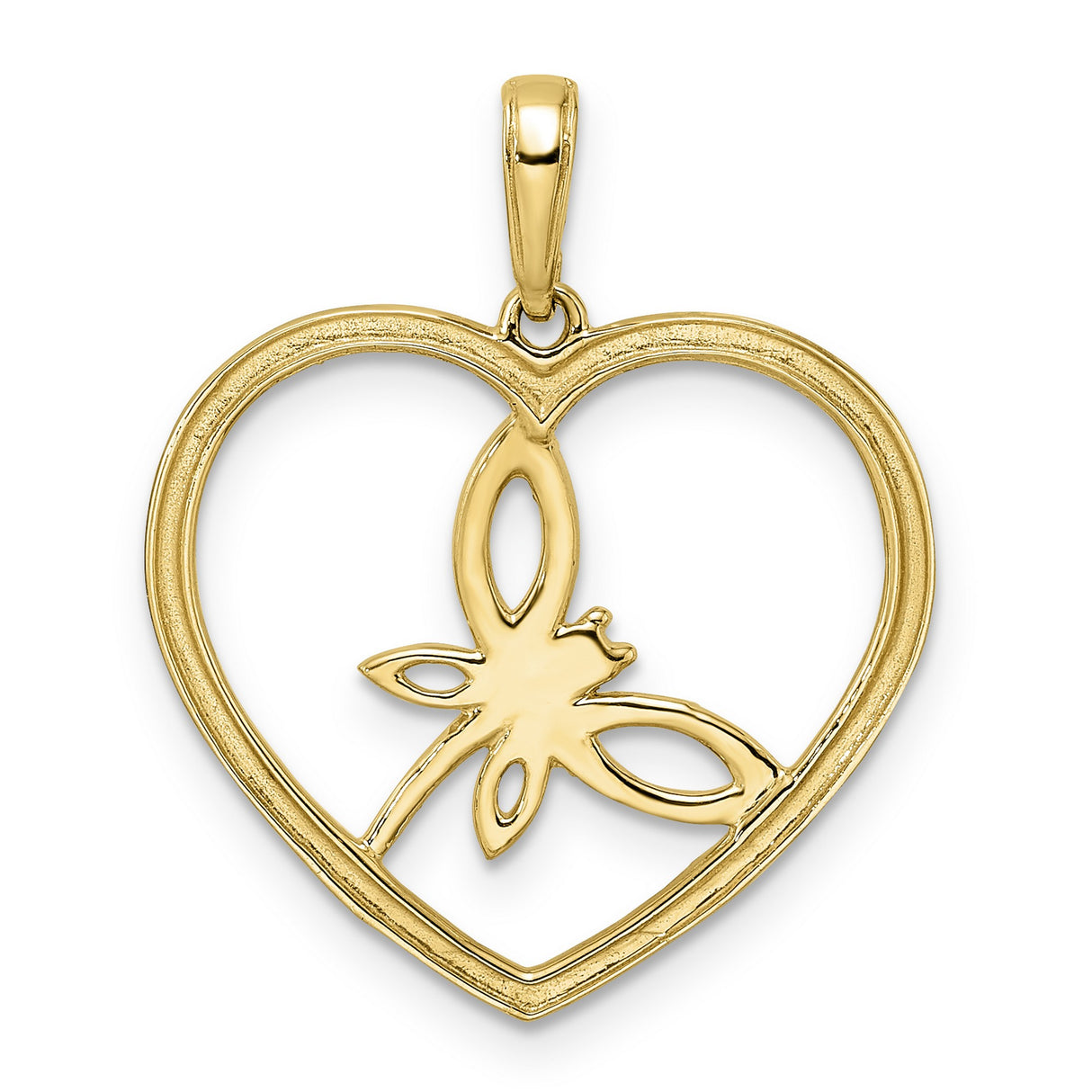 14k Yellow Gold and Rhodium Heart Pendant with Dragonfly Design