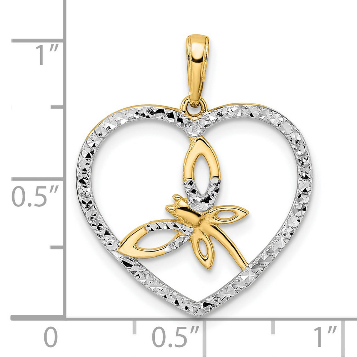 14k Yellow Gold and Rhodium Heart Pendant with Dragonfly Design