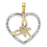 14k Yellow Gold and Rhodium Heart Pendant with Dragonfly Design