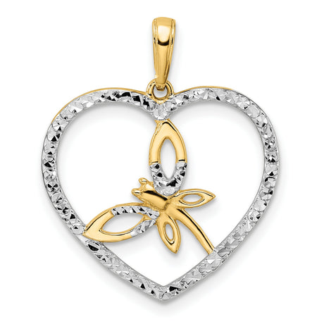 14k Yellow Gold and Rhodium Heart Pendant with Dragonfly Design