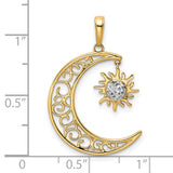 14k Multi-Tone Gold Sun and Moon Pendant with Filigree Crescent and Diamond Cut Sun