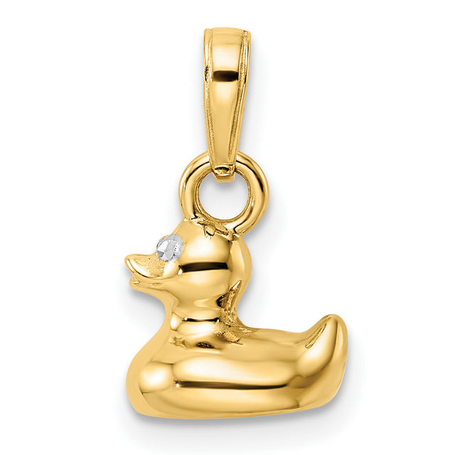 14k Multi-Tone Gold Duck Pendant Charm with Rhodium Eyes, Polished 3D Rubber Duck Design