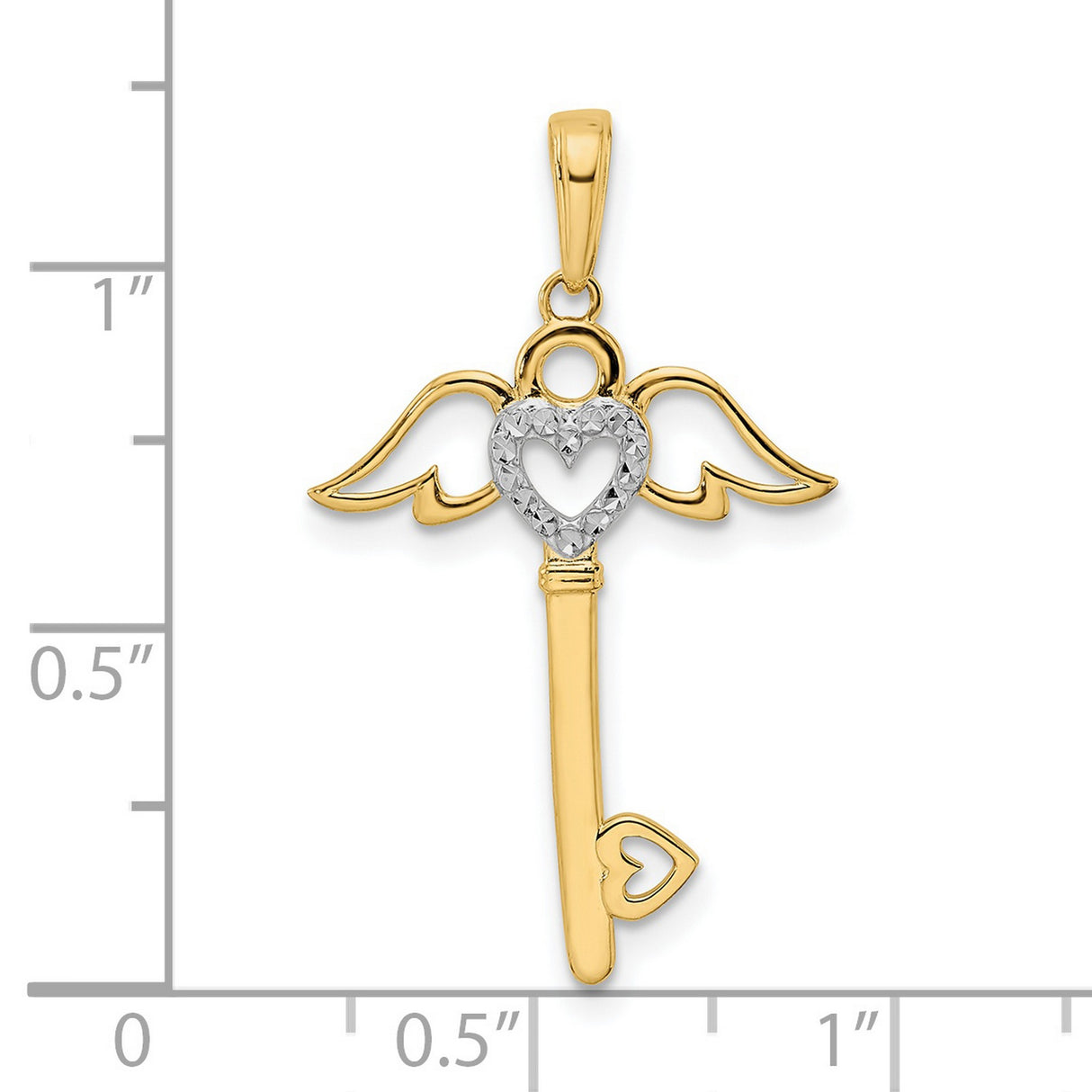 Diamond-Cut Heart Angel Wings Key Charm Pendant in Real 14k Multi-Tone Gold