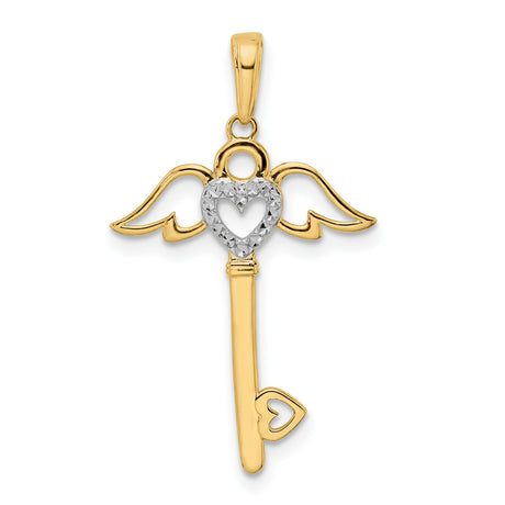 Diamond-Cut Heart Angel Wings Key Charm Pendant in Real 14k Multi-Tone Gold