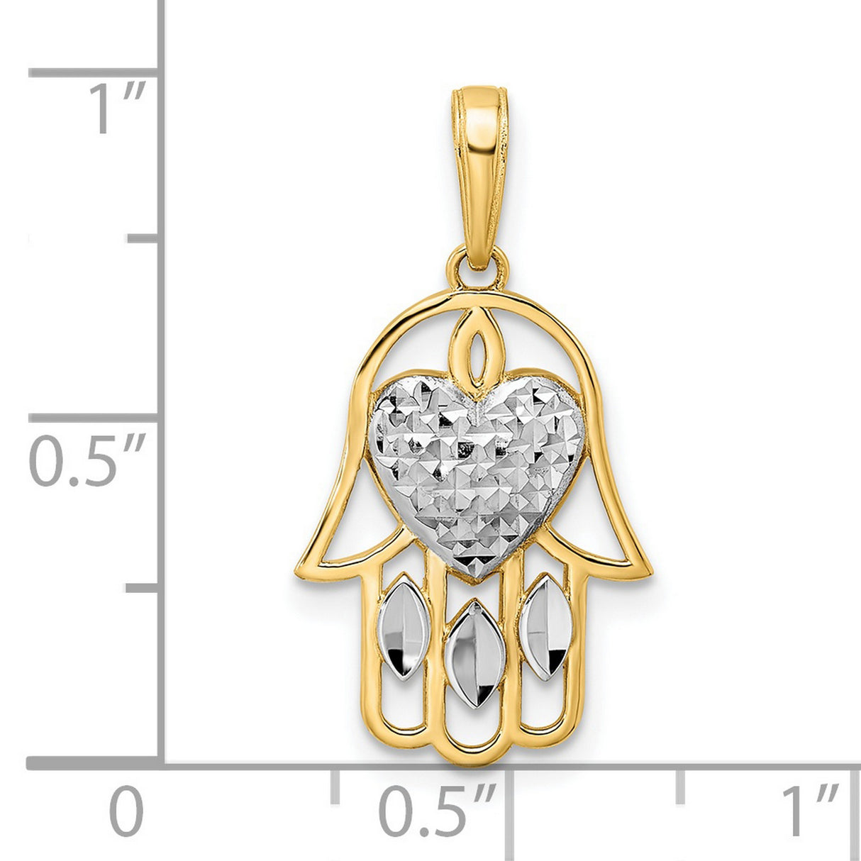 Diamond-Cut Heart Hamsa Charm Pendant in Real 14k Multi-Tone Gold