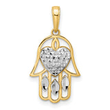Diamond-Cut Heart Hamsa Charm Pendant in Real 14k Multi-Tone Gold
