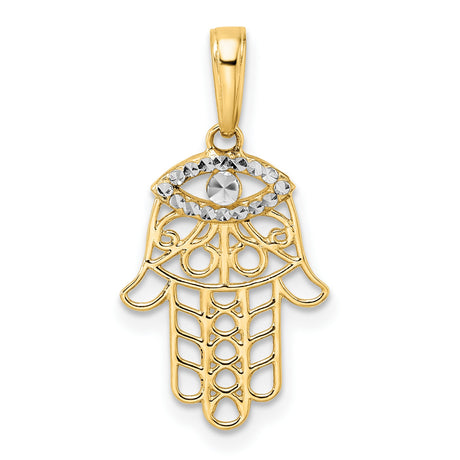 14k Yellow Gold and Rhodium Hamsa Hand Pendant with Evil Eye Design, Spiritual Protection Amulet