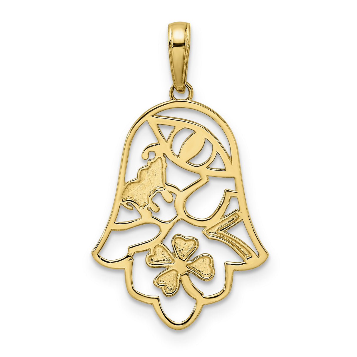 Diamond-Cut Good Luck Symbols Hamsa Charm Pendant in Real 14k Multi-Tone Gold