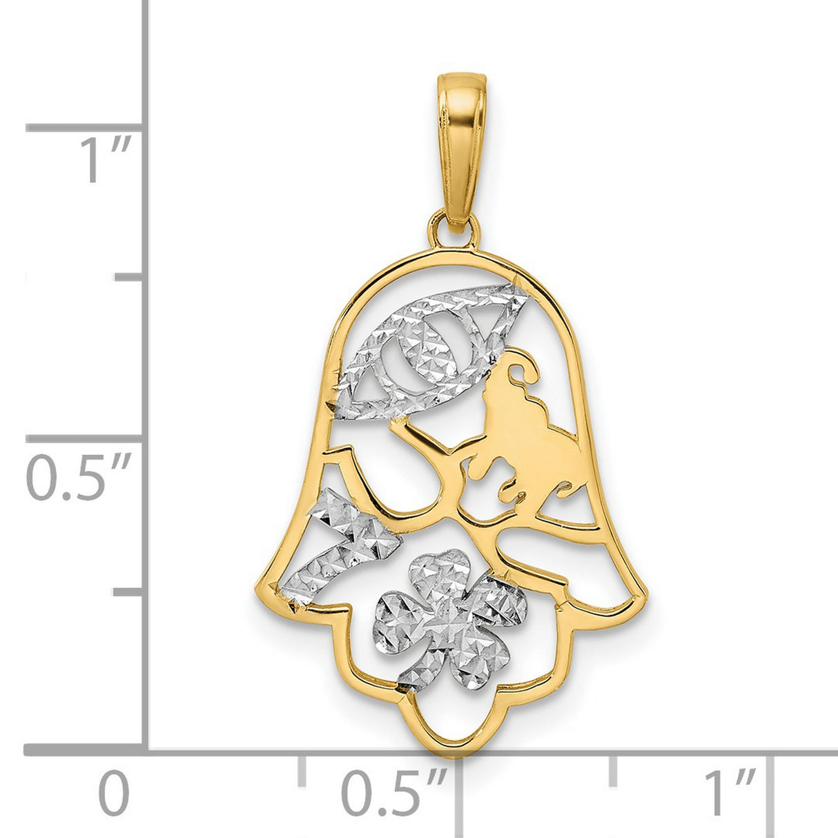 Diamond-Cut Good Luck Symbols Hamsa Charm Pendant in Real 14k Multi-Tone Gold