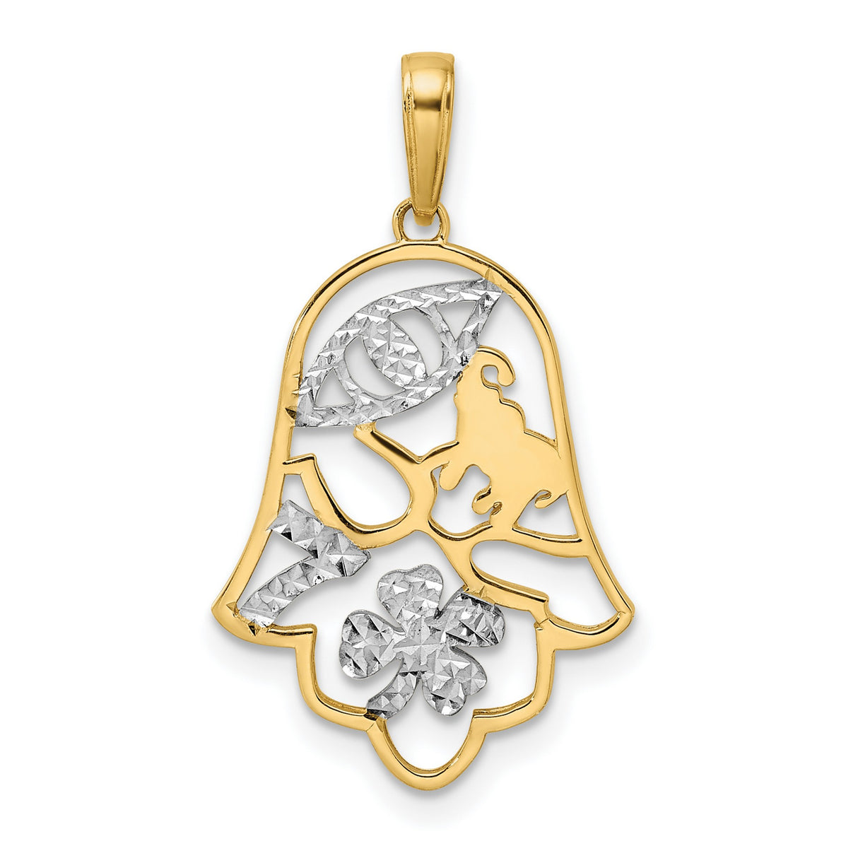 Diamond-Cut Good Luck Symbols Hamsa Charm Pendant in Real 14k Multi-Tone Gold