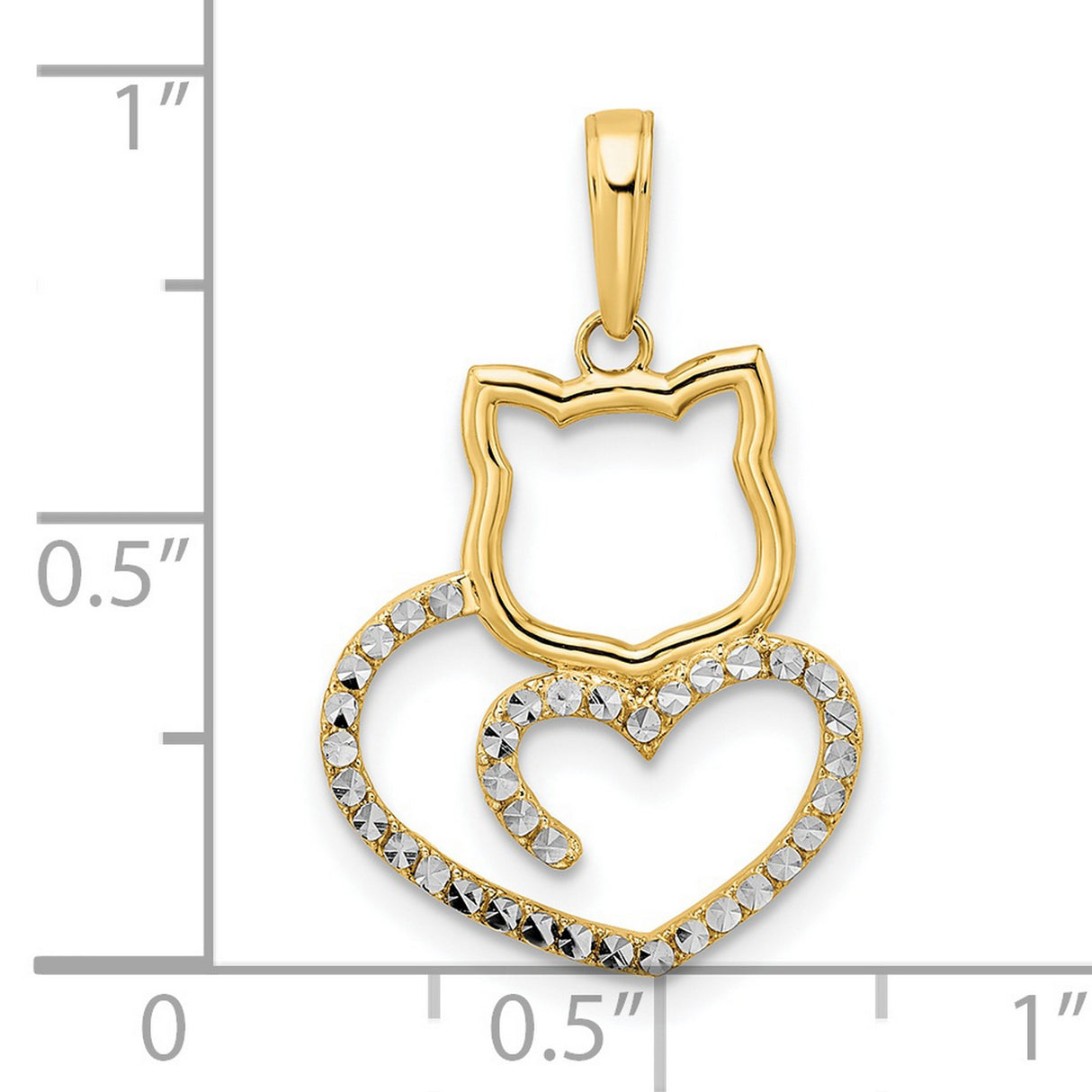 Diamond-Cut Cat Heart Charm Pendant in Real 14k Multi-Tone Gold