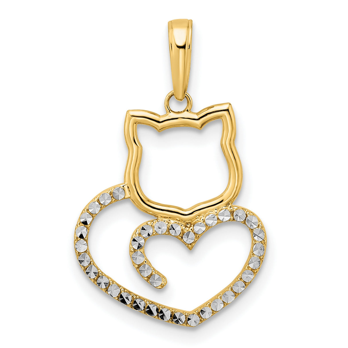 Diamond-Cut Cat Heart Charm Pendant in Real 14k Multi-Tone Gold