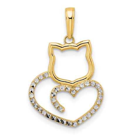 Diamond-Cut Cat Heart Charm Pendant in Real 14k Multi-Tone Gold