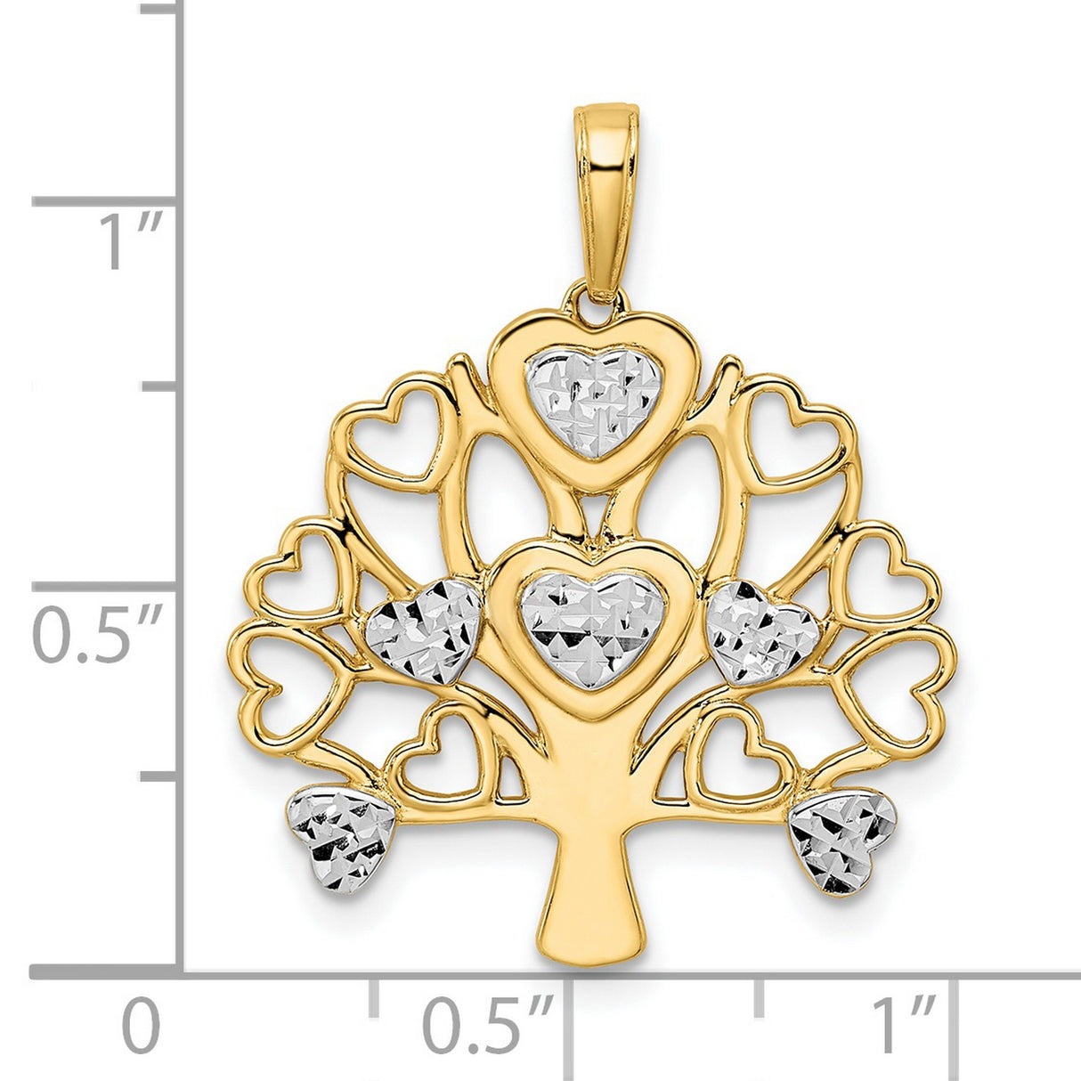 14k Multi-Tone Gold Tree Pendant with Rhodium Hearts and Diamond Cut Accents