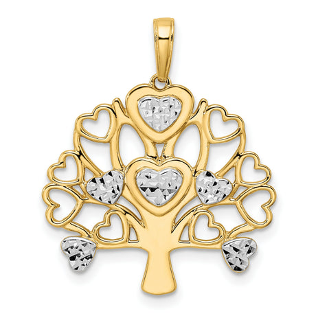 14k Multi-Tone Gold Tree Pendant with Rhodium Hearts and Diamond Cut Accents