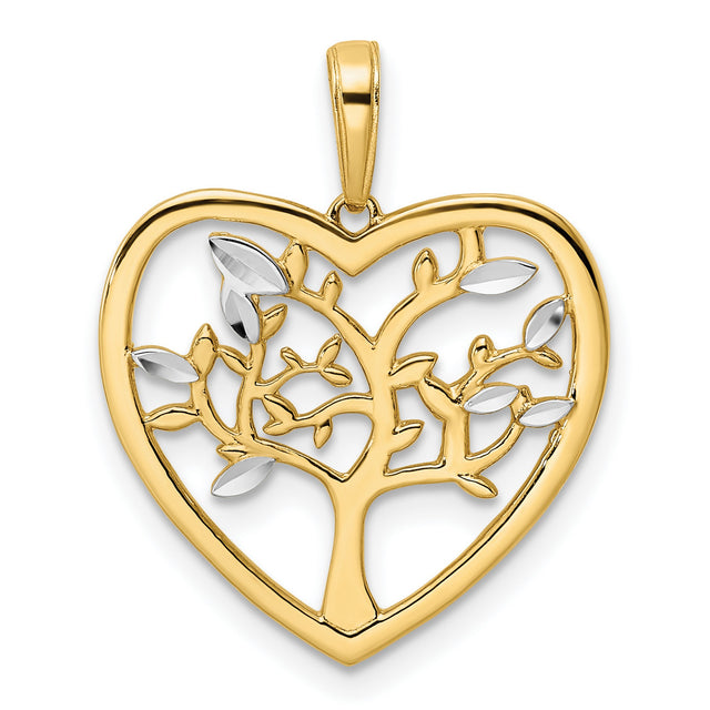14k Multi-Tone Gold Heart Tree Pendant with Rhodium Accents, Tree of Life Design for Women