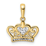 14k Two-Tone Gold Crown Pendant with Diamond-Cut Heart Design, Romantic Style for Women