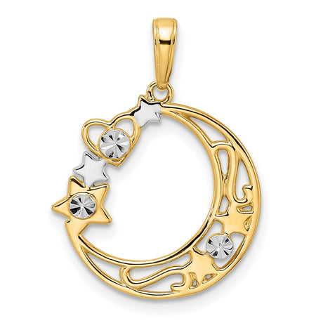 14k Multi-Tone Gold Crescent Moon Pendant with Star and Heart Accents, Celestial Style for Women